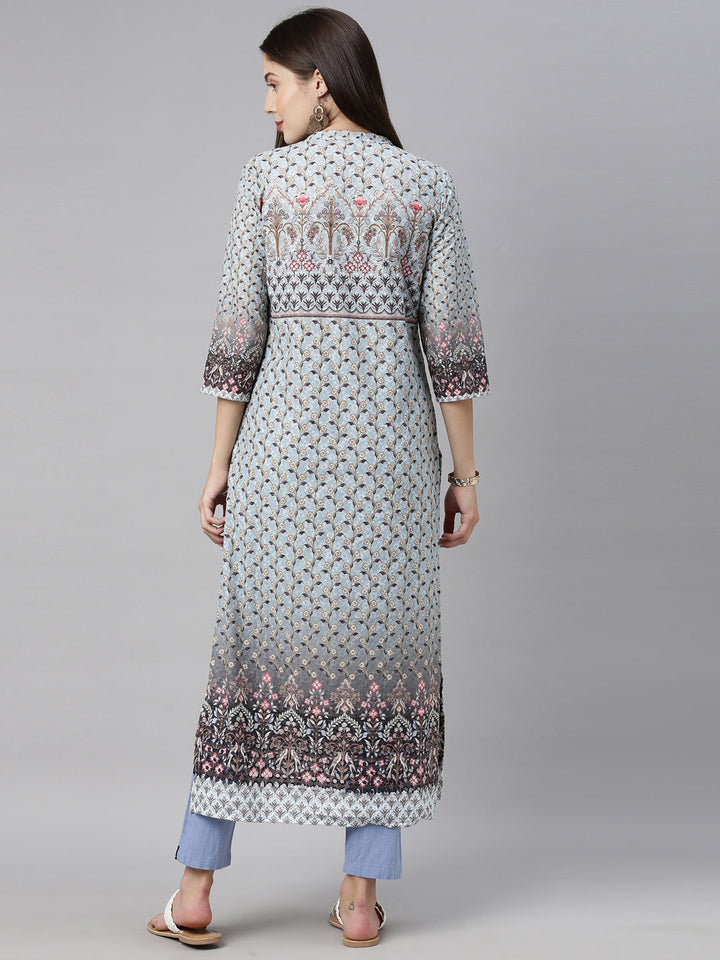 Neerus Blue cotton chikankari kurti - detail view 4