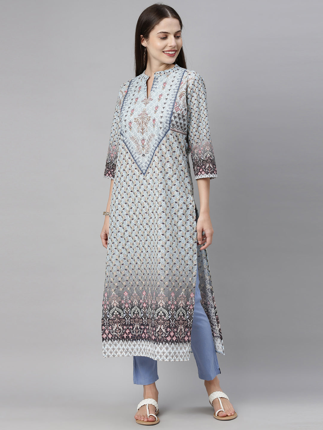Neerus Blue cotton chikankari kurti - detail view 5