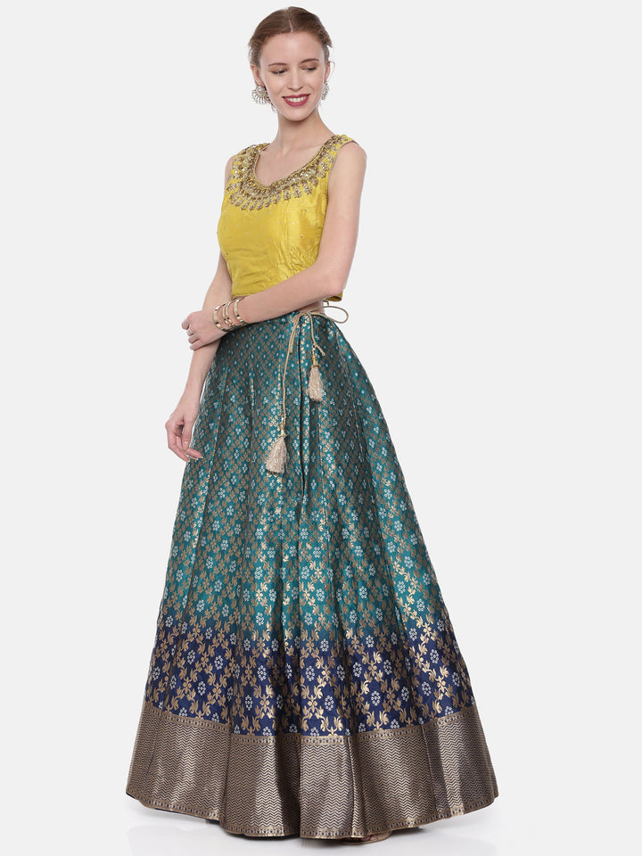 Neerus Yellow Banarasi woven lehenga ghagra set - detail view 1