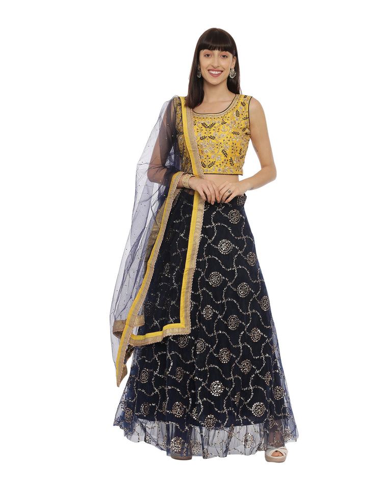 Neerus Yellow net embellished lehenga set - front view
