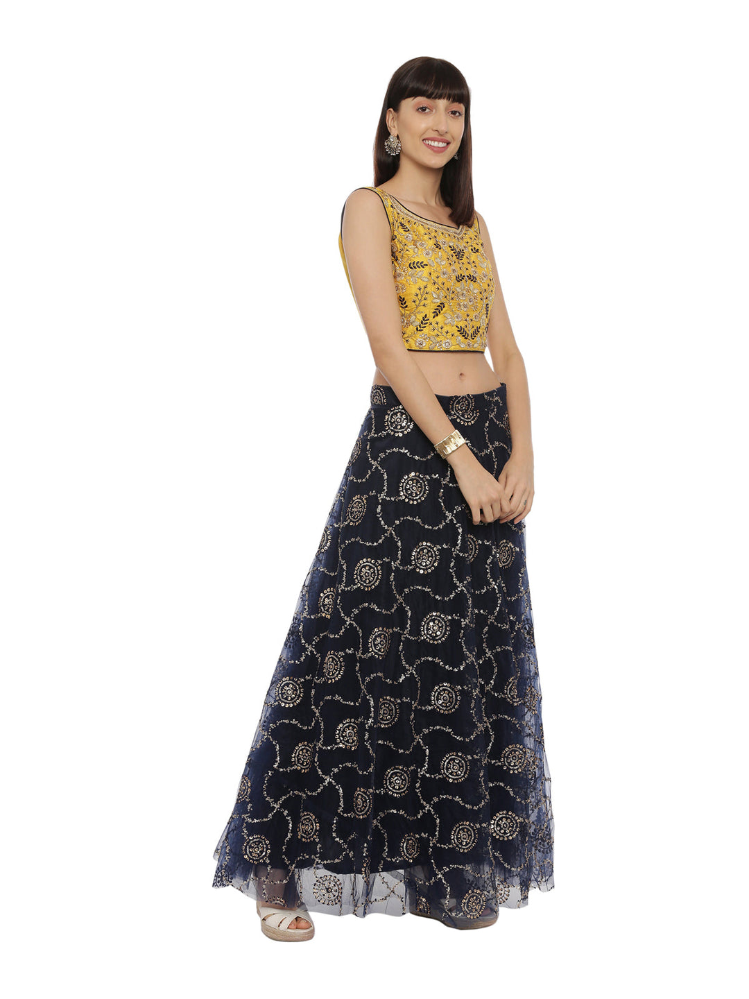 Neerus Yellow net embellished lehenga set - back view