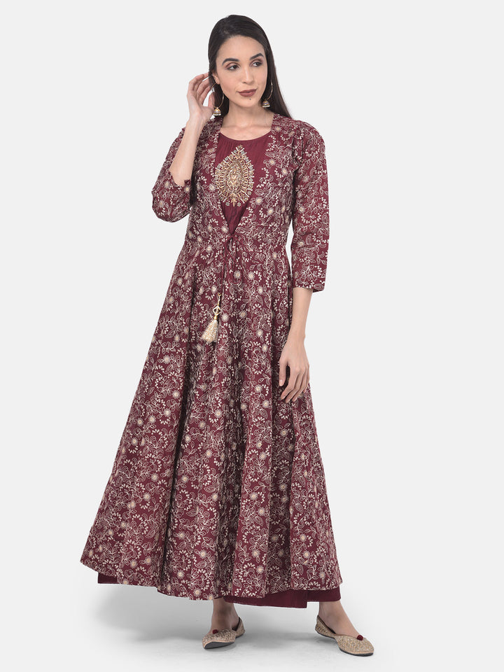 Neerus Maroon embellished anarkali kurta with jacket - front view
