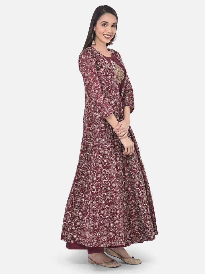 Neerus Maroon embellished anarkali kurta with jacket - back view