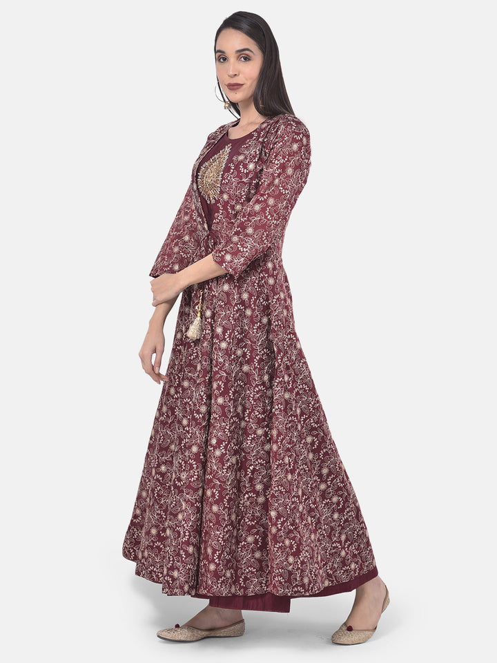 Neerus Maroon embellished anarkali kurta with jacket - side view