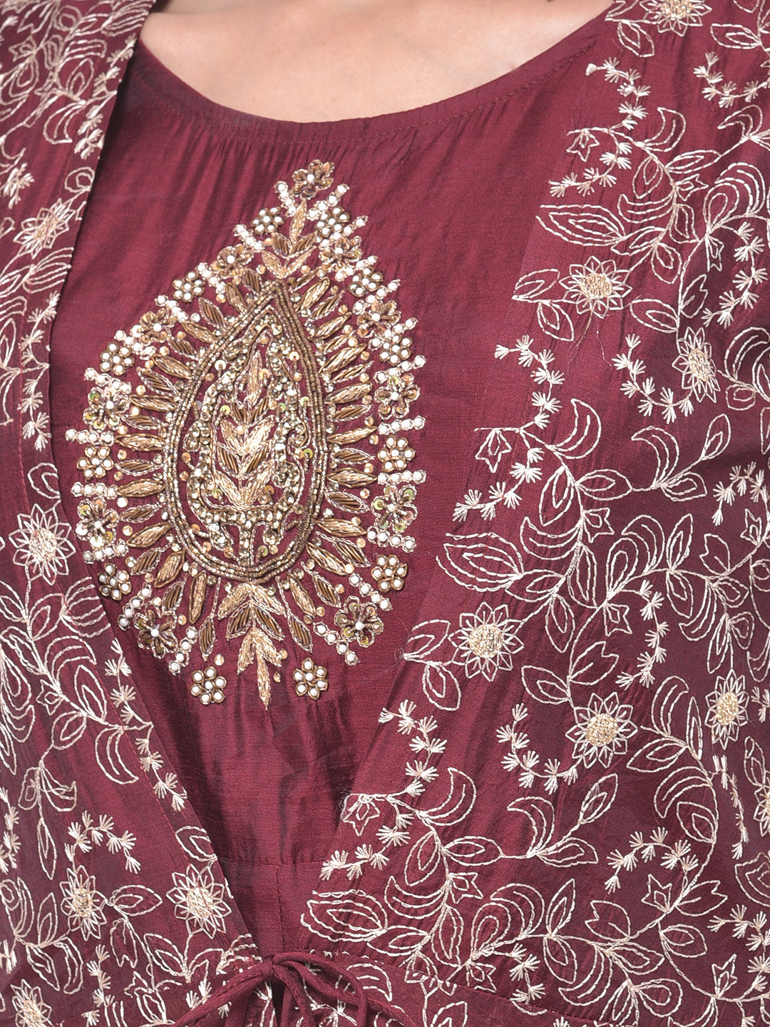 Neerus Maroon embellished anarkali kurta with jacket - detail view 2