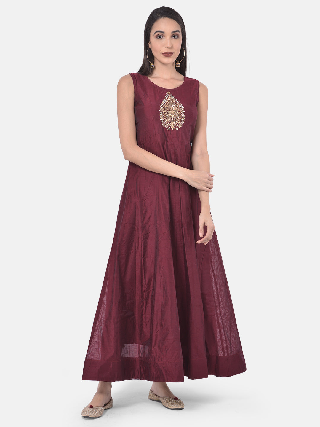 Neerus Maroon embellished anarkali kurta with jacket - detail view 4
