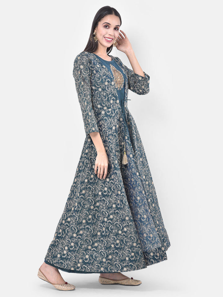 Neerus Blue Georgette Embellished Anarkali Kurta with Jacket - front view