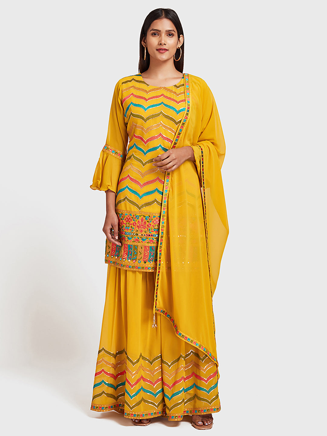 Neerus Yellow embellished anarkali sharara set - front view