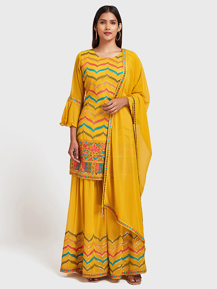 Neerus Yellow embellished anarkali sharara set - front view