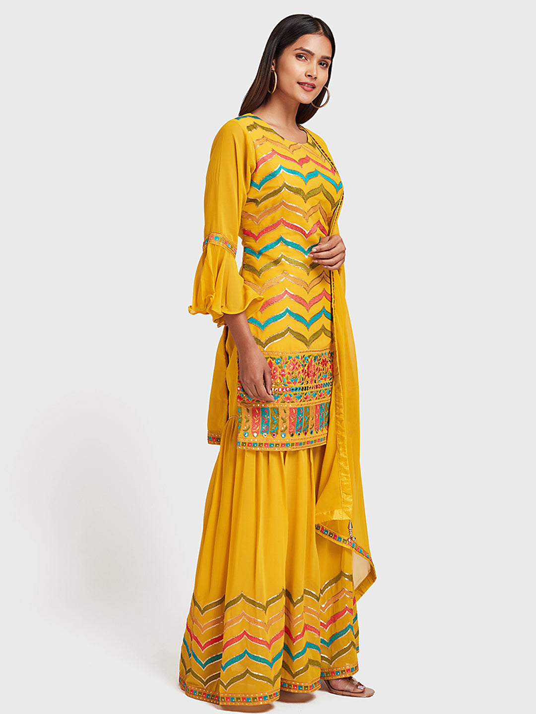 Neerus Yellow embellished anarkali sharara set - back view