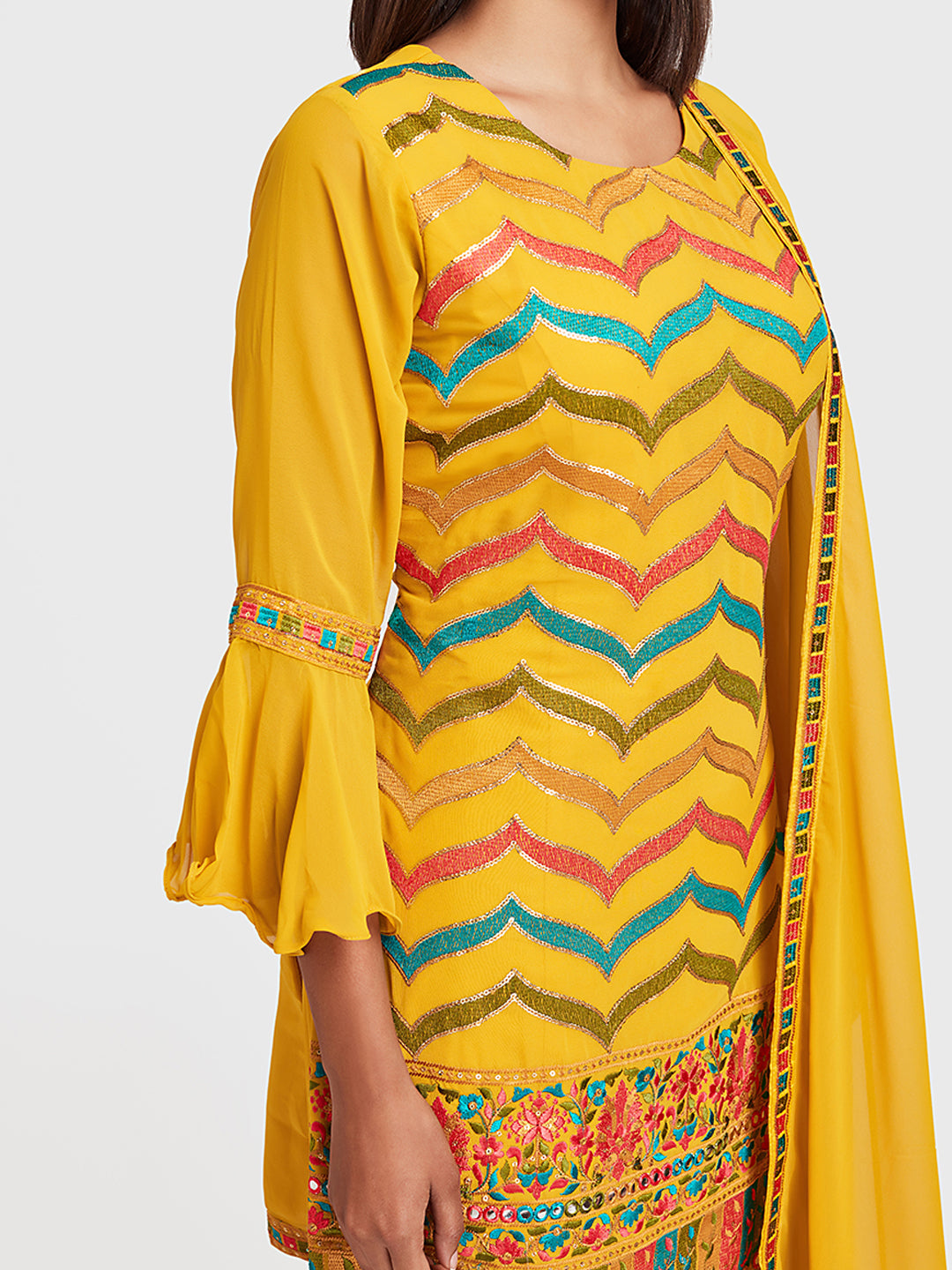 Neerus Yellow embellished anarkali sharara set - detail view 1