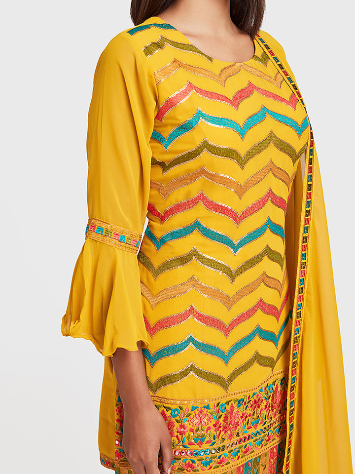 Neerus Yellow embellished anarkali sharara set - detail view 1