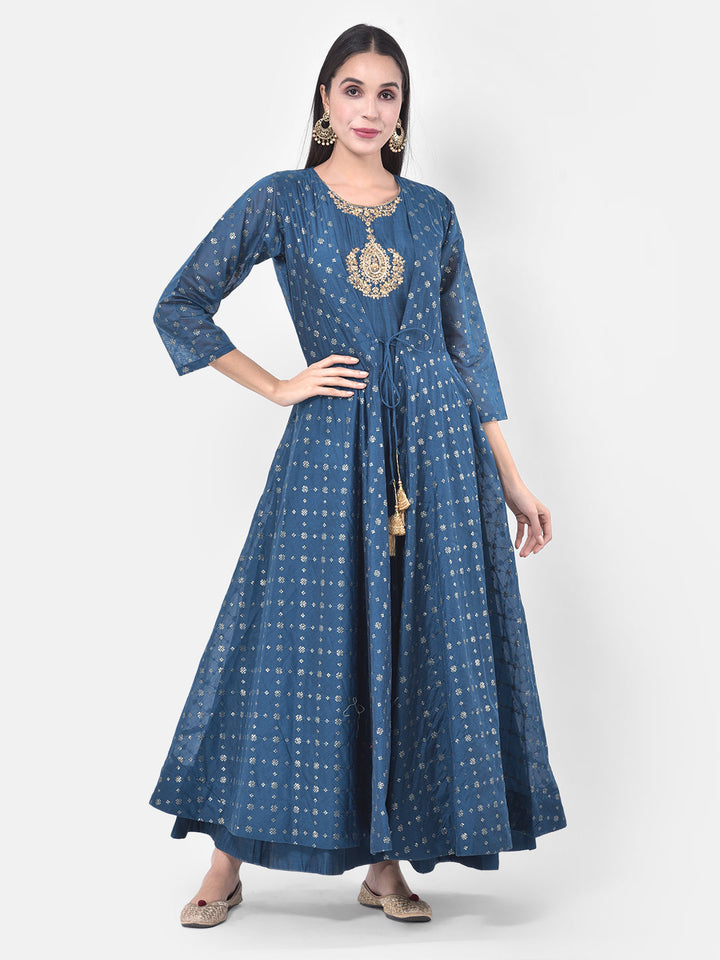 Neerus Blue Chanderi printed suit set - back view