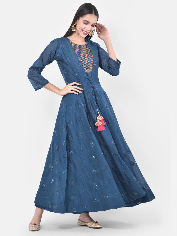 Neerus Blue Chanderi printed fusion suit set - detail view 4