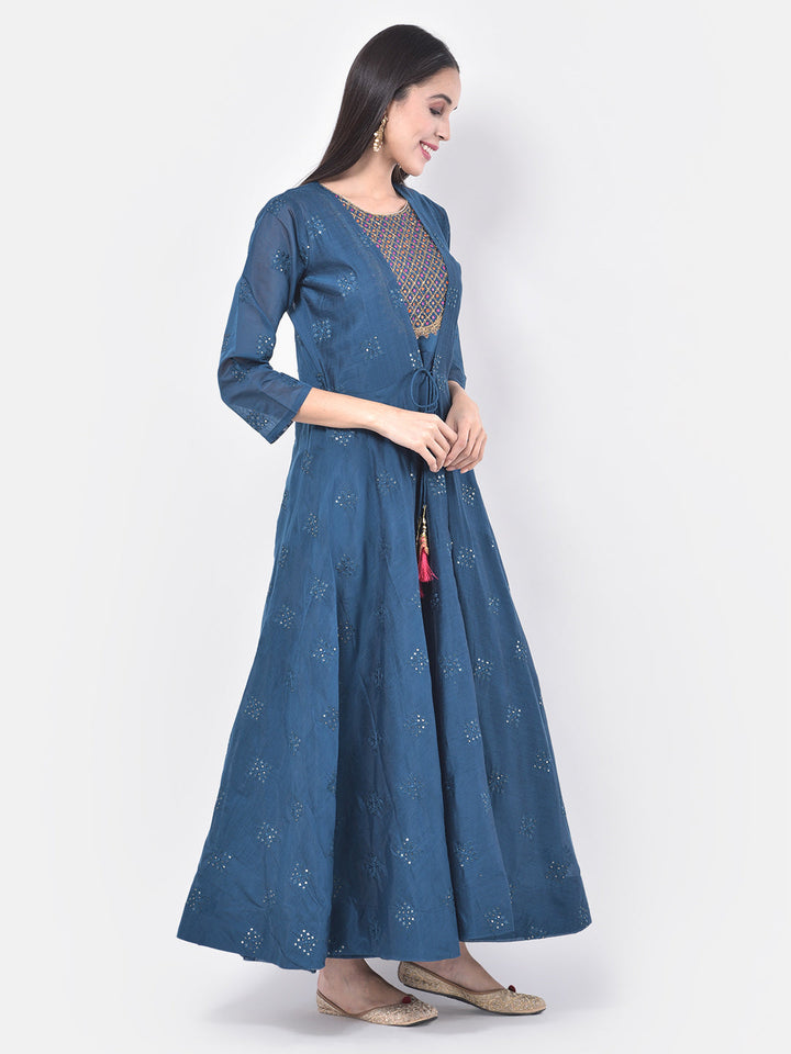 Neerus Blue Chanderi printed fusion suit set - front view
