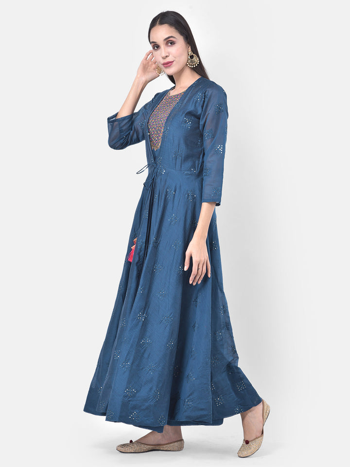 Neerus Blue Chanderi printed fusion suit set - back view