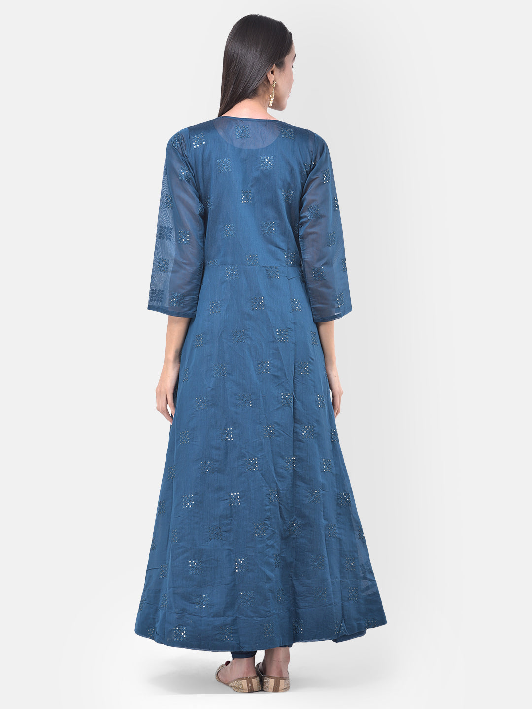 Neerus Blue Chanderi printed fusion suit set - side view