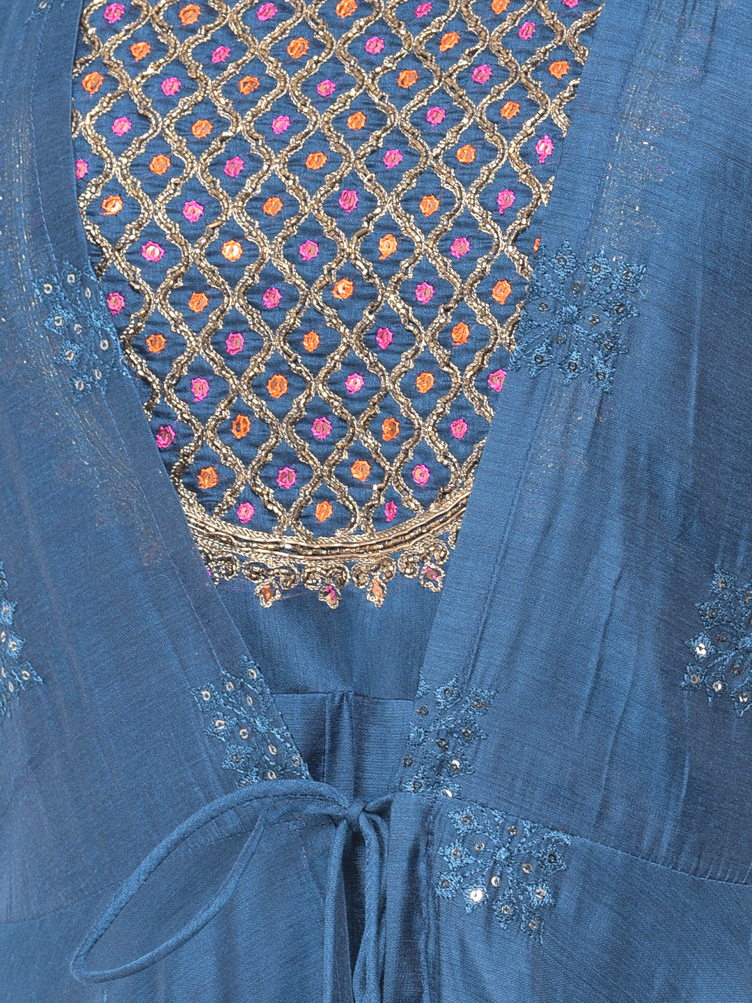 Neerus Blue Chanderi printed fusion suit set - detail view 1