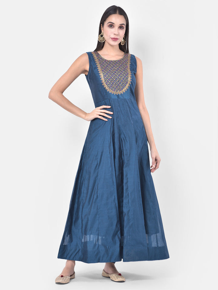 Neerus Blue Chanderi printed fusion suit set - detail view 3