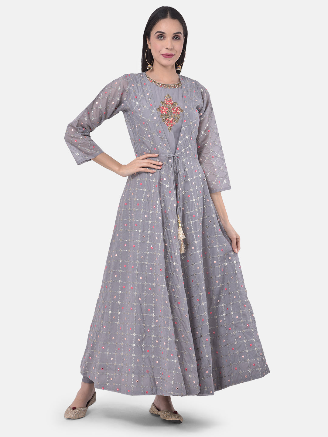 Neerus Grey Chanderi straight co-ord suit set - front view