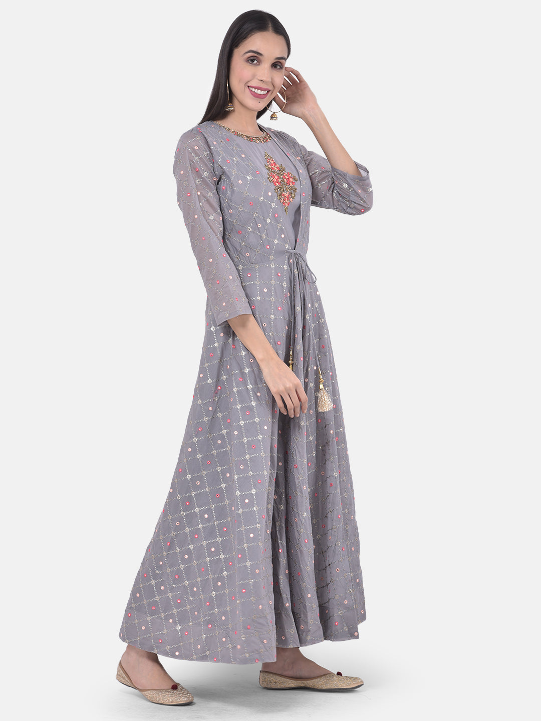 Neerus Grey Chanderi straight co-ord suit set - back view