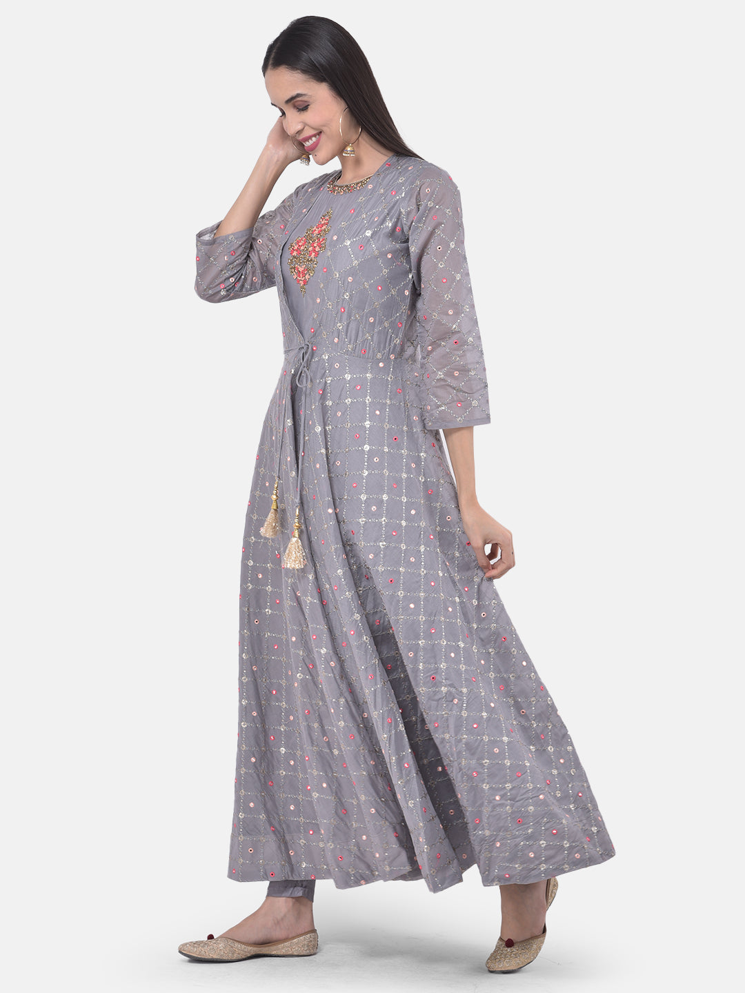 Neerus Grey Chanderi straight co-ord suit set - side view