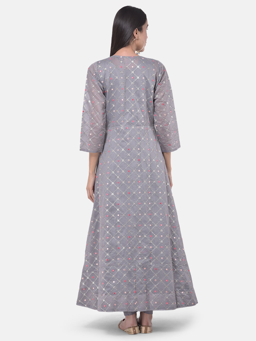 Neerus Grey Chanderi straight co-ord suit set - detail view 1