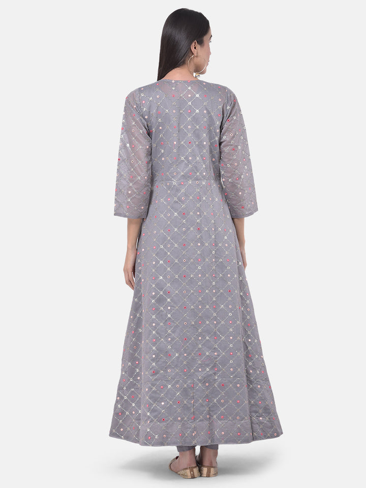 Neerus Grey Chanderi straight co-ord suit set - detail view 1