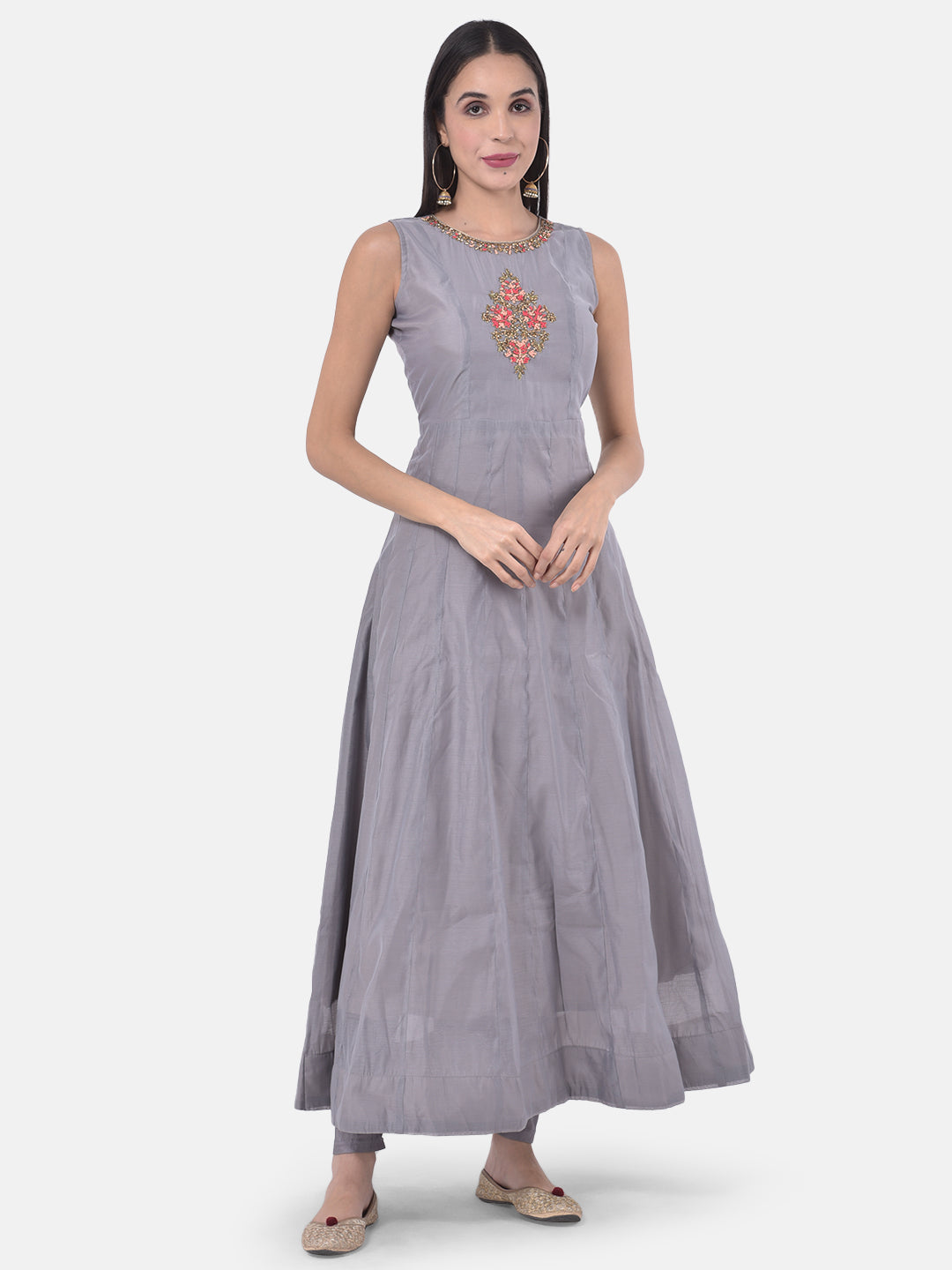 Neerus Grey Chanderi straight co-ord suit set - detail view 2