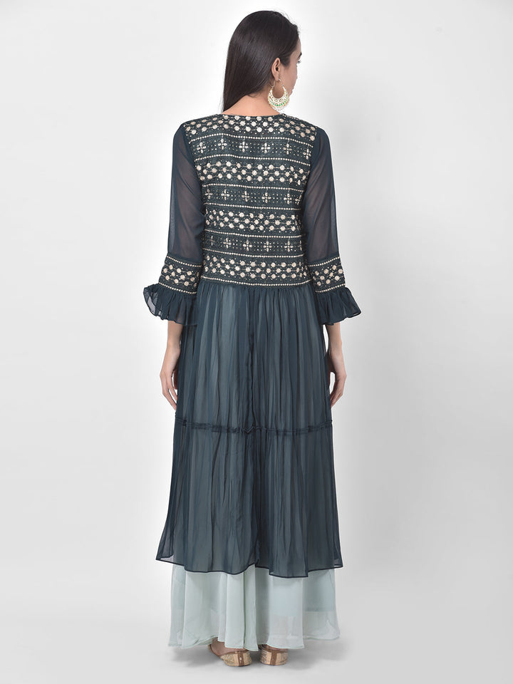 Neerus Blue green embroidered co-ord set top skirt shrug - detail view 1