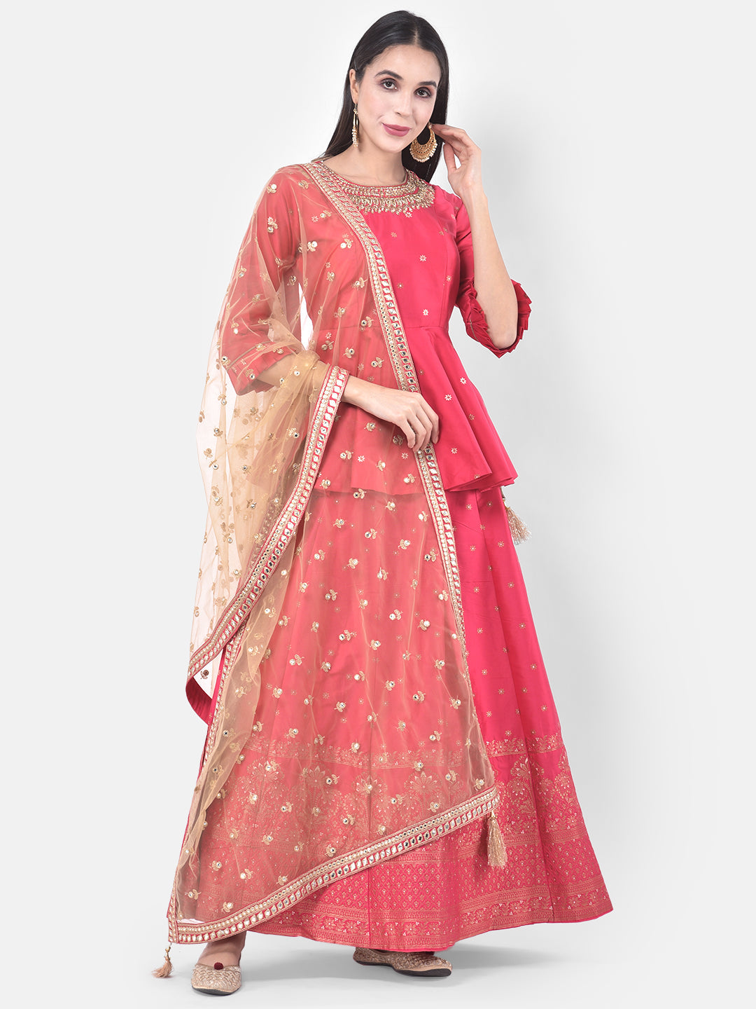 Neerus Pink embellished kurta set with skirt and dupatta - detail view 4
