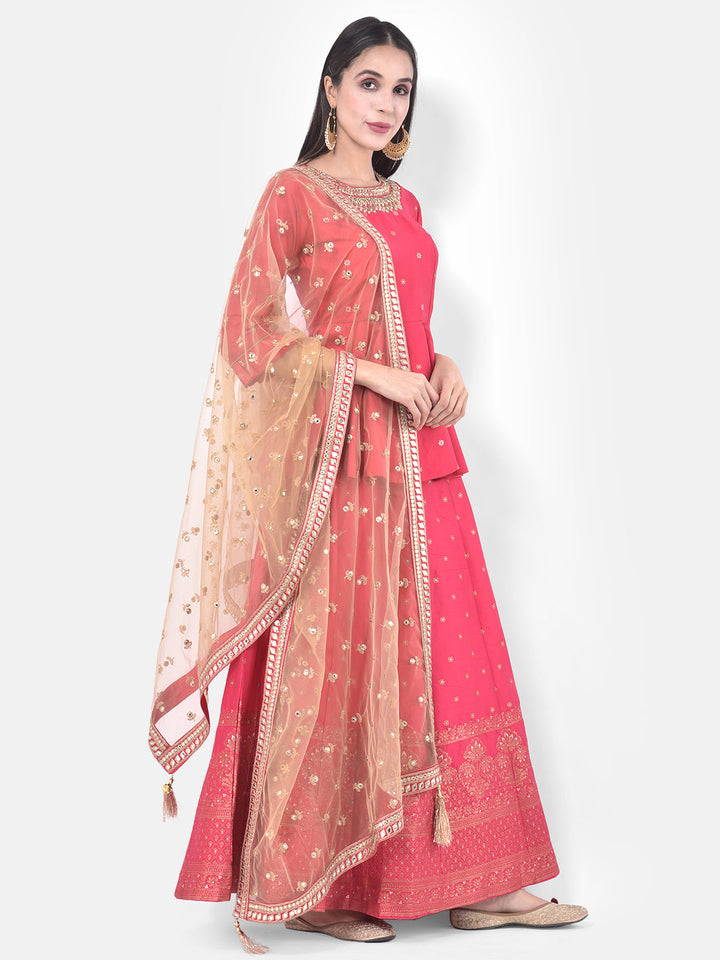 Neerus Pink embellished kurta set with skirt and dupatta - front view