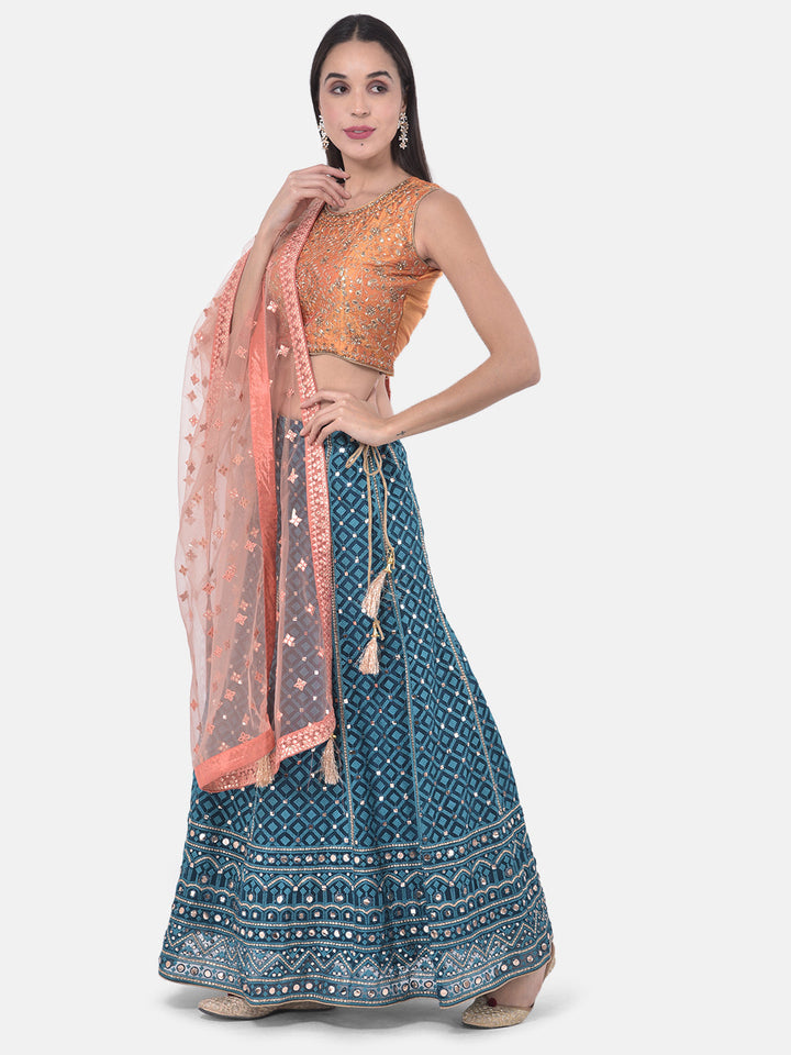 Neerus Blue net embellished lehenga set - back view