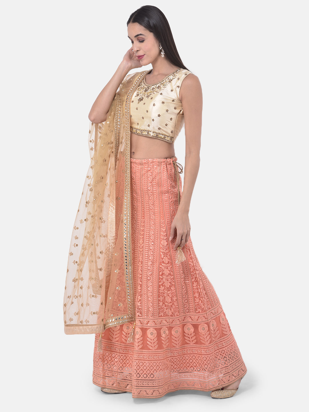 Neerus Orange net embellished lehenga set - back view