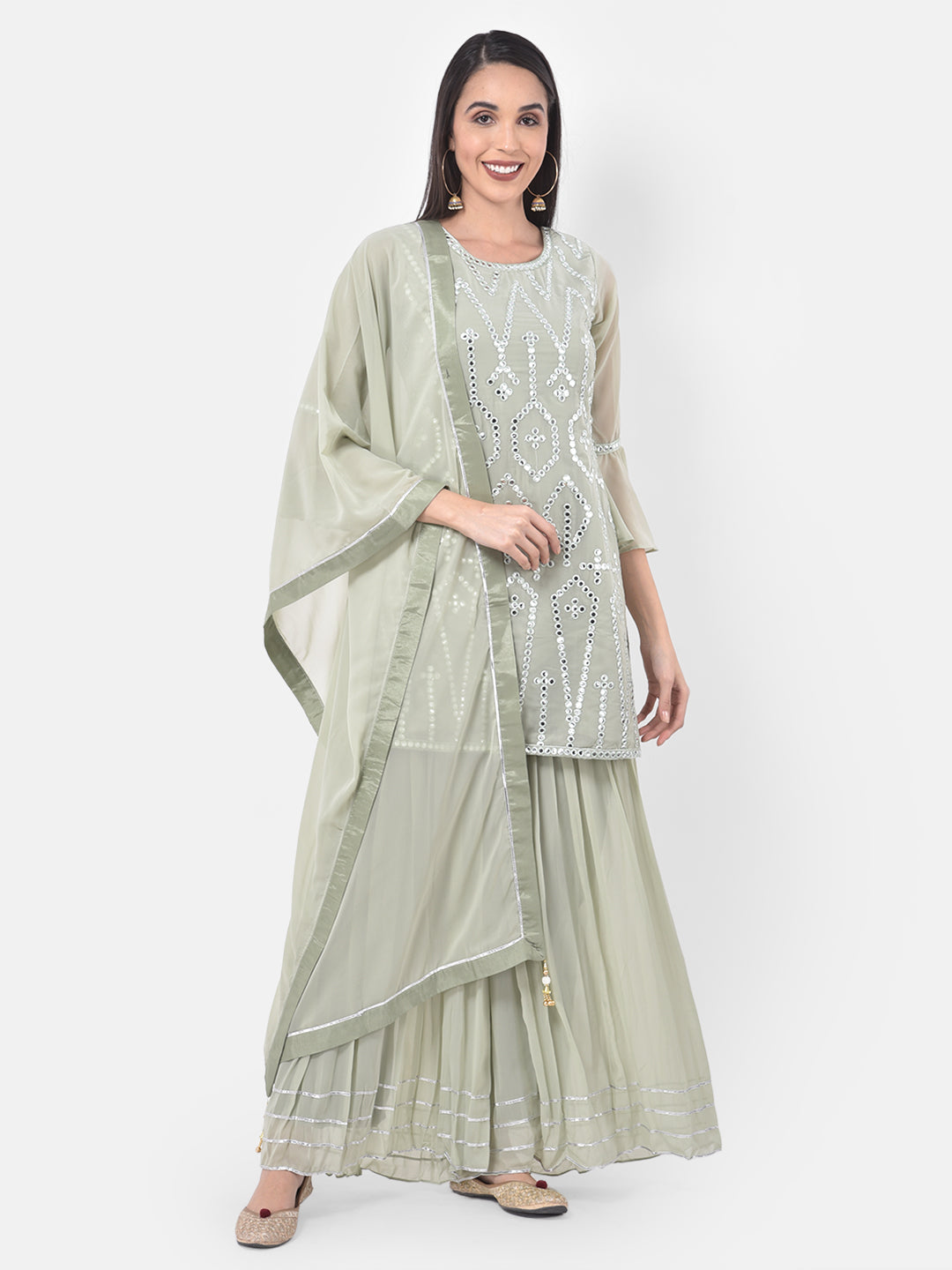 Neerus Green georgette embroidered sharara set - front view