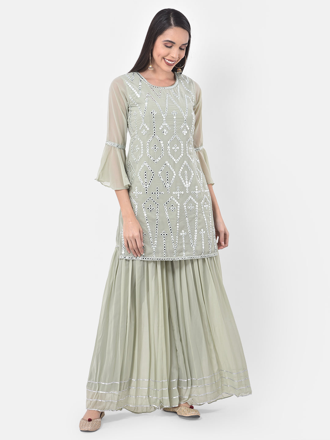 Neerus Green georgette embroidered sharara set - detail view 5