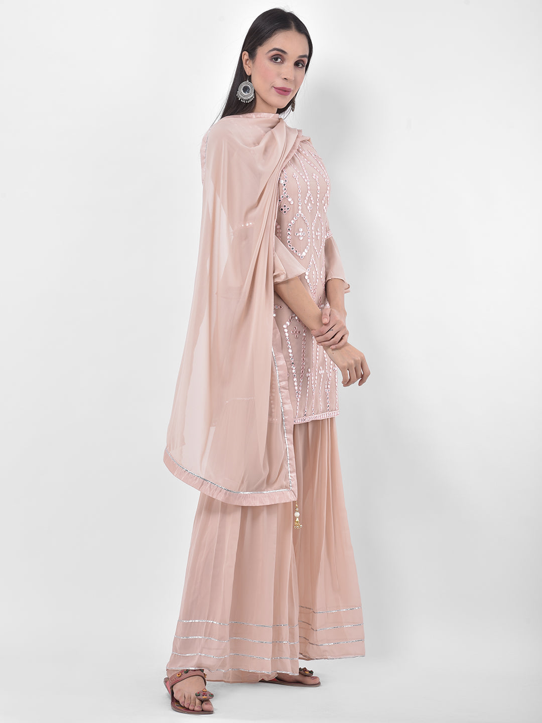 Neerus Pink Georgette Embroidered Sharara Set - back view