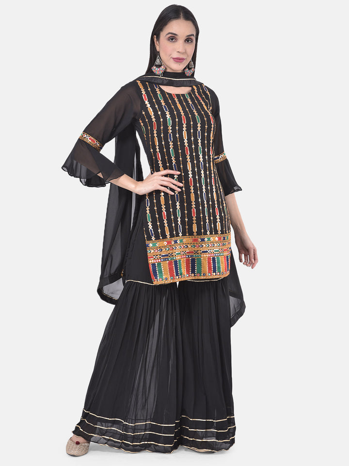 Neerus Black georgette embroidered suit gharara set - detail view 5