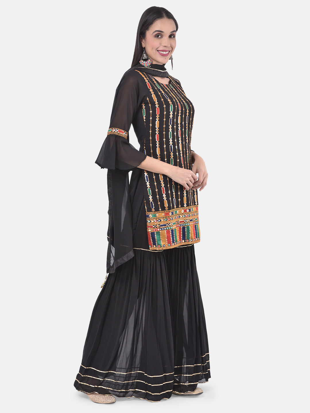 Neerus Black georgette embroidered suit gharara set - front view