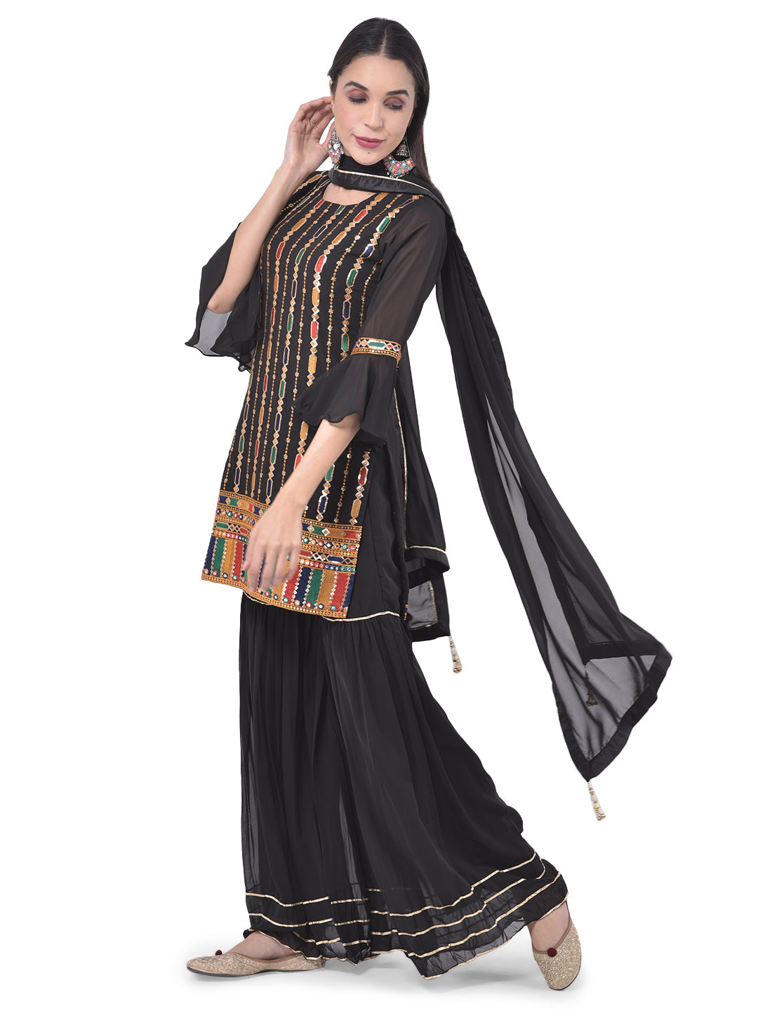 Neerus Black georgette embroidered suit gharara set - back view