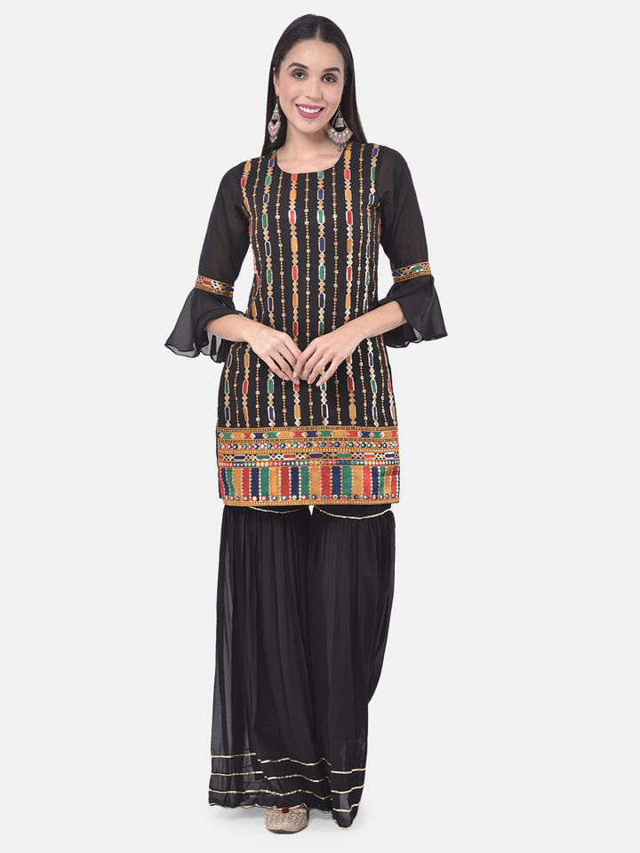 Neerus Black georgette embroidered suit gharara set - detail view 4