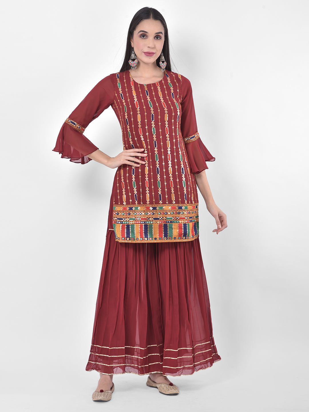 Neerus Maroon georgette embroidered sharara set - detail view 5