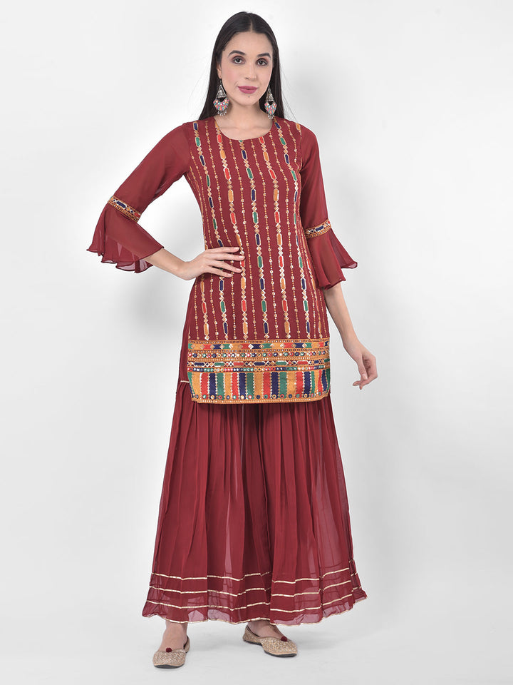 Neerus Maroon georgette embroidered sharara set - detail view 5
