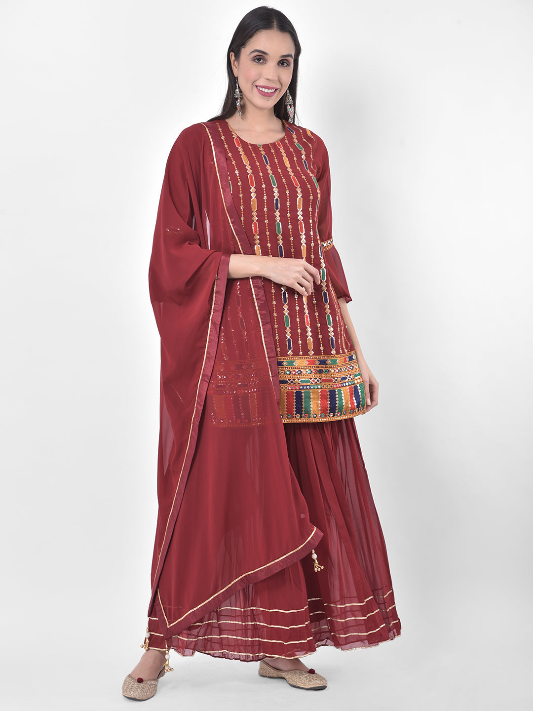 Neerus Maroon georgette embroidered sharara set - front view