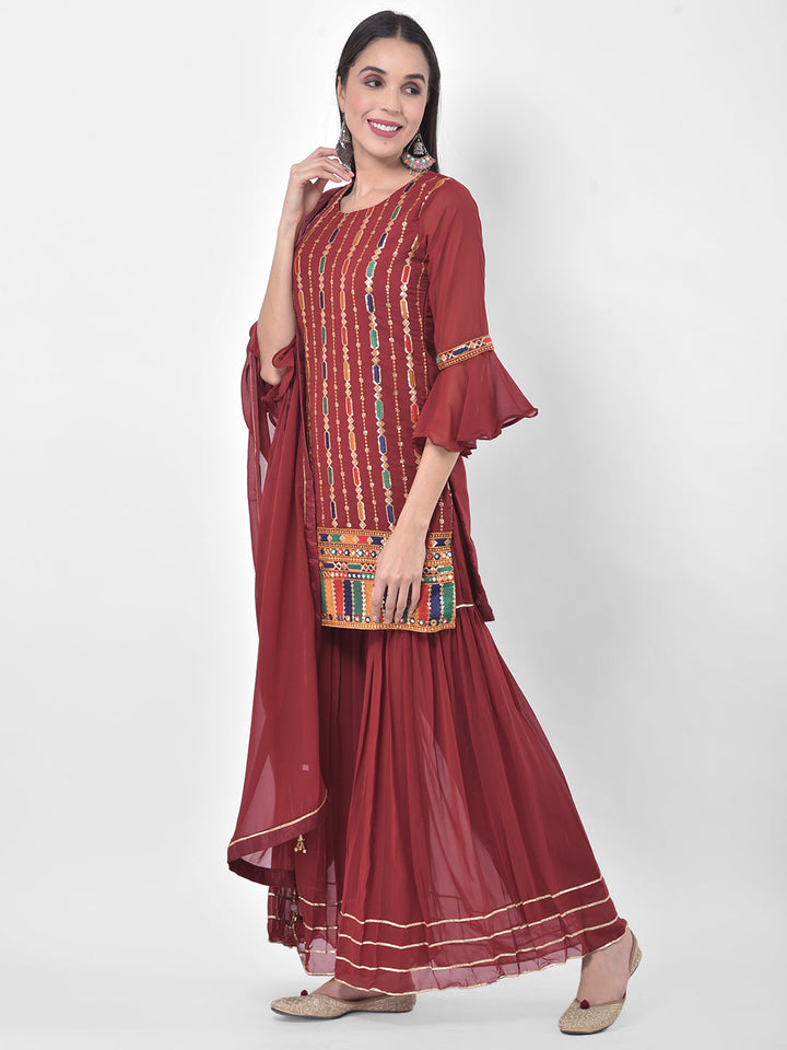 Neerus Maroon georgette embroidered sharara set - side view