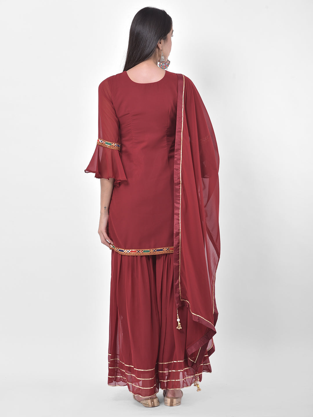 Neerus Maroon georgette embroidered sharara set - detail view 1