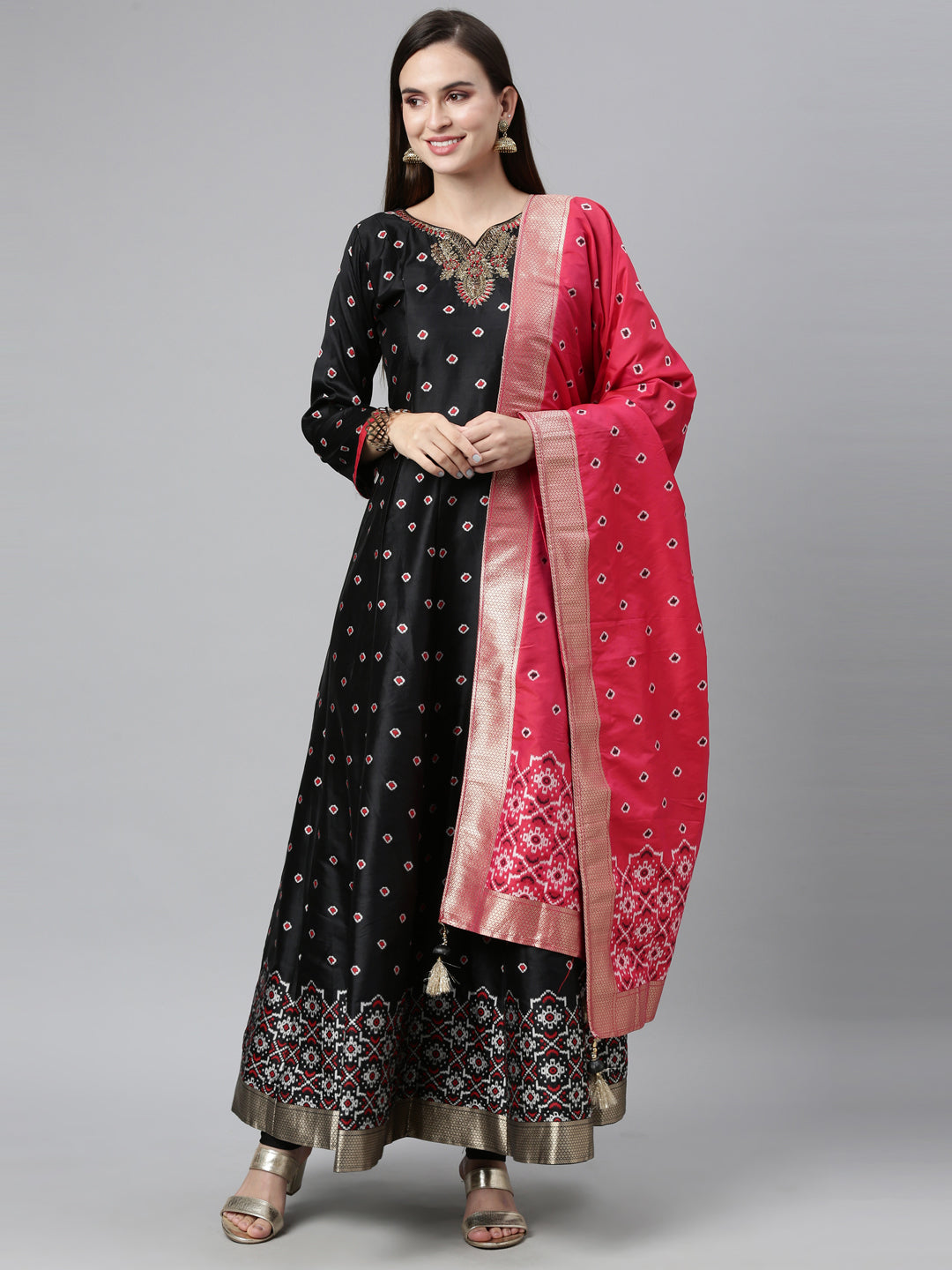 Neerus Black raw silk embroidered anarkali suit set - front view