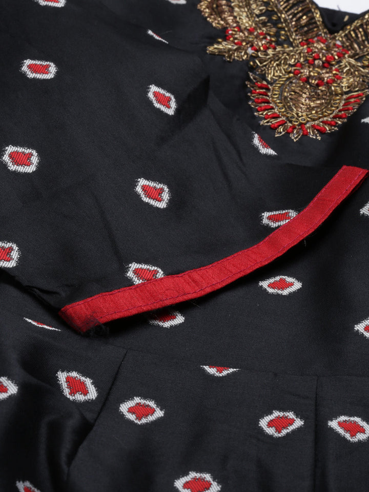 Neerus Black raw silk embroidered anarkali suit set - back view
