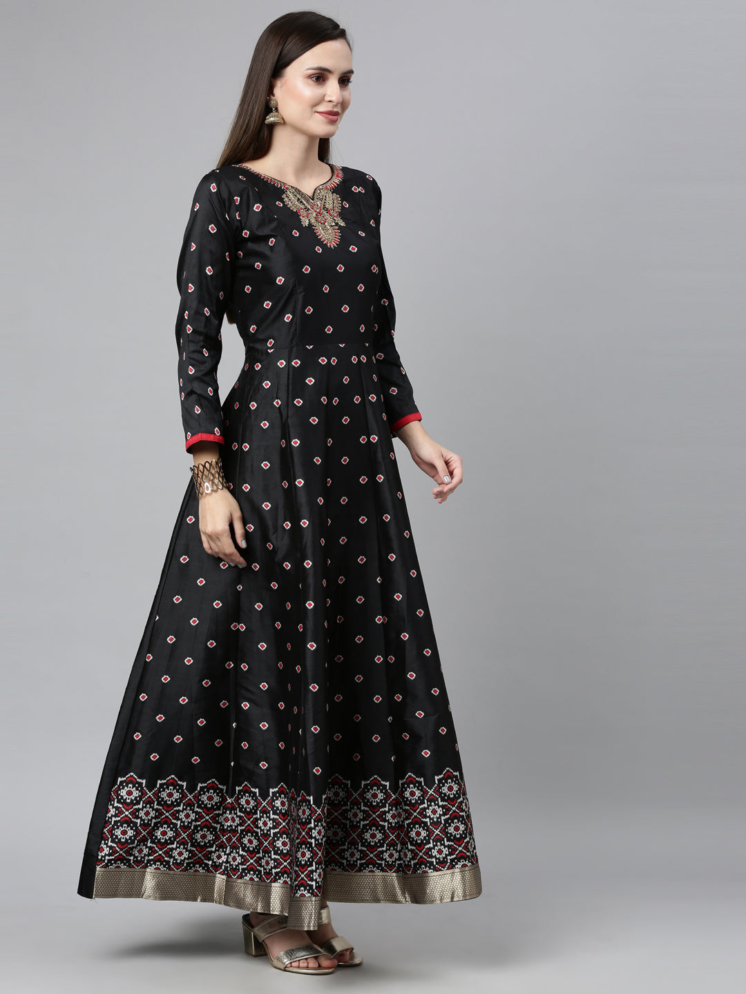 Neerus Black raw silk embroidered anarkali suit set - side view