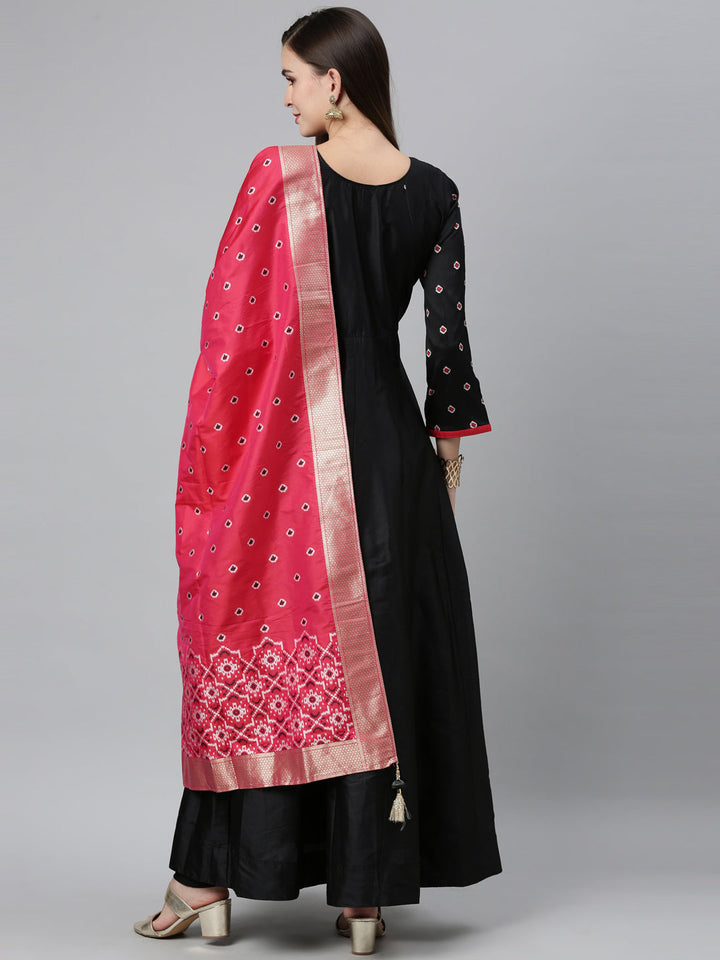 Neerus Black raw silk embroidered anarkali suit set - detail view 1